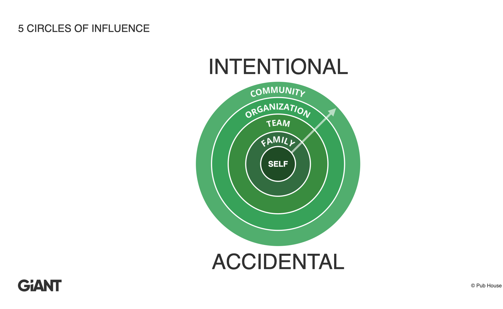 5 Circles of Influence: concentric rings labeled Self, Family, Team, Organization, Community, framed by Intentional at top and Accidental at bottom.