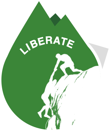 Liberate: a mountain with two climbers helping each other up.