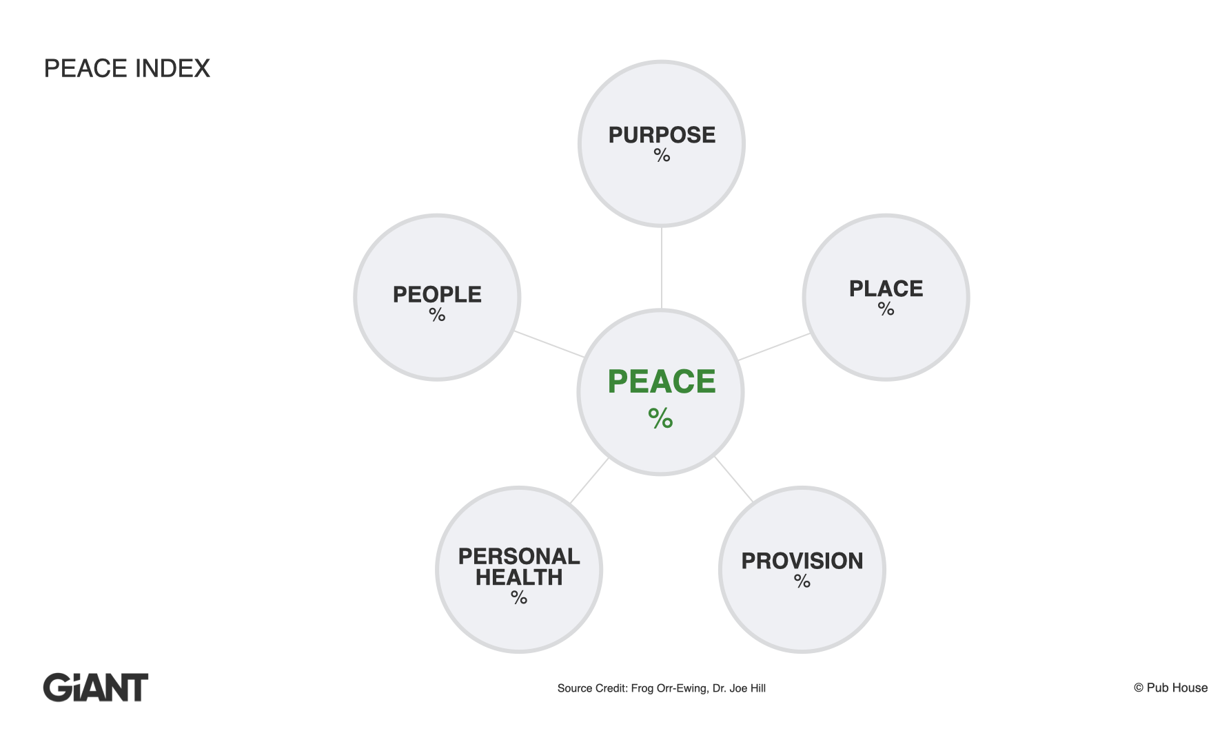 Peace Index diagram: Purpose, Provision, People, Peace, Personal Health, and Place, each with a percentage.