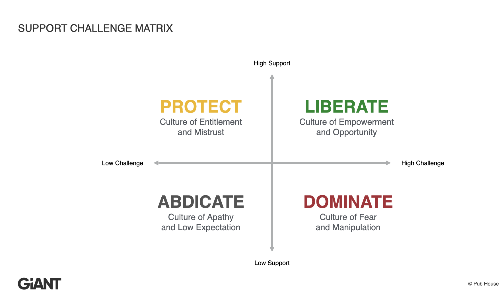 Support Challenge Matrix: Protect (culture of entitlement and mistrust), Liberate (culture of empowerment and opportunity), Abdicate (culture of apathy and low expectation), Dominate (culture of fear and manipulation), axes High/Low Support and Low/High Challenge.